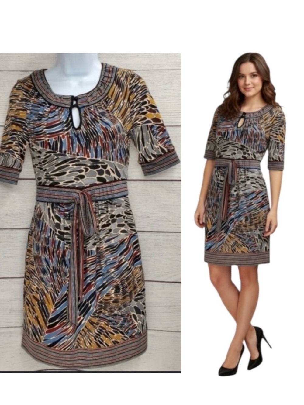 BCBGMaxAzria Multi Print Dress Colorful Vibrant Sash Tie Size Small Casu…